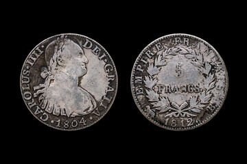 France Carolus IIII 5 francs silver coin replica front and back dated 1804 with a portrait  image of the emperor on the obverse cut out and isolated on a black background, stock photo image