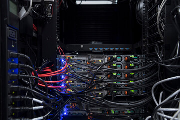 network server room closeup on fiber optic hub or switch for digital communications and internet in...