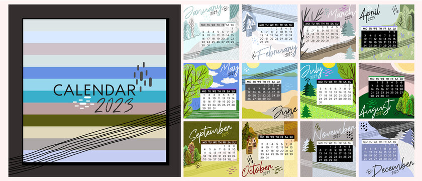 Calendar 2023. Colorful monthly calendar with various landscapes. Cover and 12 monthly pages. Week starts on Monday, vector illustration. Square pages.