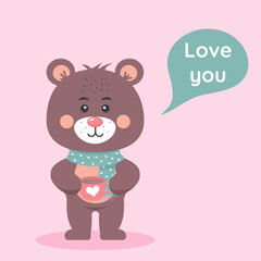 Obraz na płótnie Canvas Cute teddy bear in a scarf holding a mug with a heart. Love you lettering in speech bubble. Valentine's Day.