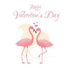 Valentine's day postcard with flamingos in love. Vector Illustration