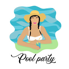 Pool party invitation baner with girl in hat in the swimming pool. A glass of cocktail in her hand.