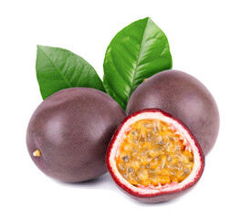 Passion fruit with green leaves, isolated on white background. Passionfruit or maracuya, exotic fruit. Clipping path.