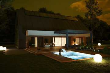 House with garden pool in the night