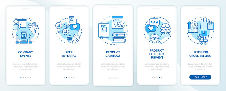 Customer touchpoints blue onboarding mobile app screen. Product promo walkthrough 5 steps graphic instructions pages with linear concepts. UI, UX, GUI template. Myriad Pro-Bold, Regular fonts used