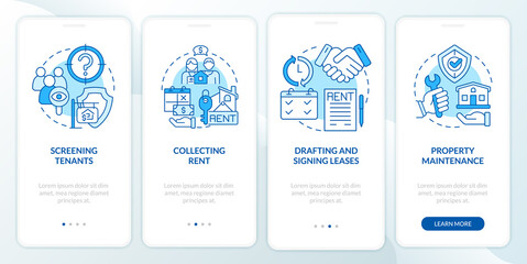 Work of property agent blue onboarding mobile app screen. Works walkthrough 4 steps graphic instructions pages with linear concepts. UI, UX, GUI template. Myriad Pro-Bold, Regular fonts used