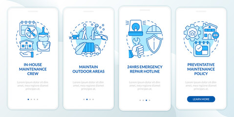 Maintenance, repair and remodeling blue onboarding mobile app screen. Fix walkthrough 4 steps graphic instructions pages with linear concepts. UI, UX, GUI template. Myriad Pro-Bold, Regular fonts used