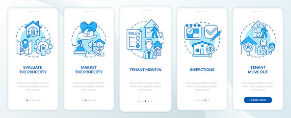 Fototapeta na wymiar Property management operations blue onboarding mobile app screen. Service walkthrough 5 steps graphic instructions pages with linear concepts. UI, UX, GUI template. Myriad Pro-Bold, Regular fonts used