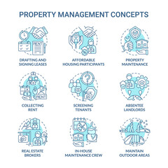 Property management turquoise concept icons set. Agency service. Operation with real estate idea thin line color illustrations. Isolated outline drawings. Roboto-Medium, Myriad Pro-Bold fonts used