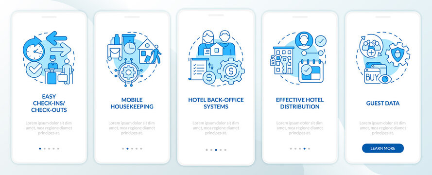 Hotel Property Management Systems Blue Onboarding Mobile App Screen. Tech Walkthrough 5 Steps Graphic Instructions Pages With Linear Concepts. UI, UX, GUI Template. Myriad Pro-Bold, Regular Fonts Used