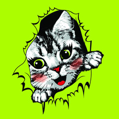 Torn yellow paper with happy kitten face inside. Vector illustration.