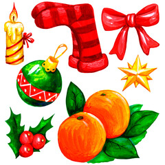 Set of New Year and Christmas watercolor illustrations