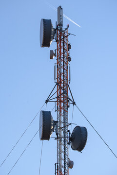 LUBANA, LATVIA. 6th April 2019. 4g smart mobile telephone radio network antenna tower.