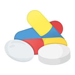 Medicinal drug product for disease treatment, concept icon pharmacological medical antibiotic capsule flat vector illustration, isolated on white.