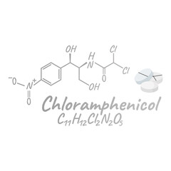 Chloramphenicol antibiotic chemical formula and composition, concept structural medical drug, isolated on white background, vector illustration.