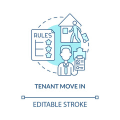 Tenant move in turquoise concept icon. Rental estate management operation abstract idea thin line illustration. Isolated outline drawing. Editable stroke. Roboto-Medium, Myriad Pro-Bold fonts used