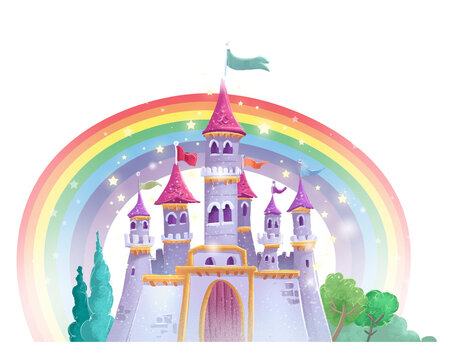 Illustration of enchanted castle with rainbow