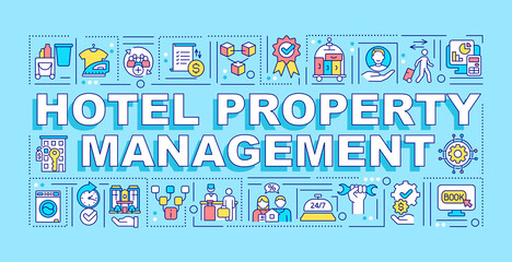 Fototapeta na wymiar Hotel property management word concepts blue banner. Customer service. Infographics with linear icons on background. Isolated typography. Vector color illustration with text. Arial-Black font used