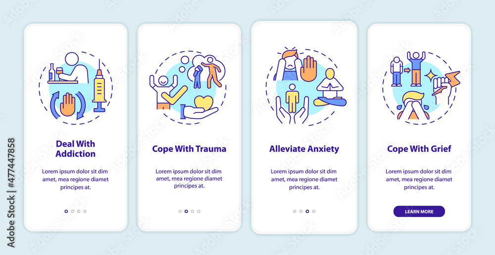 Poster problems to solve in group onboarding mobile app screen. addict therapy walkthrough 4 steps graphic 