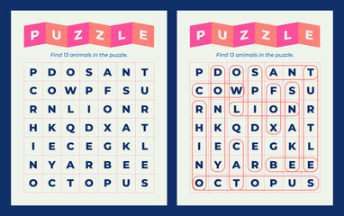 Word search puzzle with hidden animal names. Puzzle for kindergarten and primary school students. Word game for social media. © Hakan