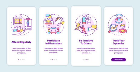 Getting the most from support group onboarding mobile app screen. Walkthrough 4 steps graphic instructions pages with linear concepts. UI, UX, GUI template. Myriad Pro-Bold, Regular fonts used