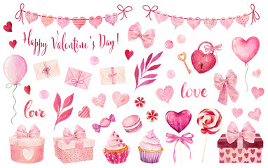 Big set of watercolor elements for Valentine's day isolated on white background. Hearts, sweets, garlands, balloons, gift boxes and other items.