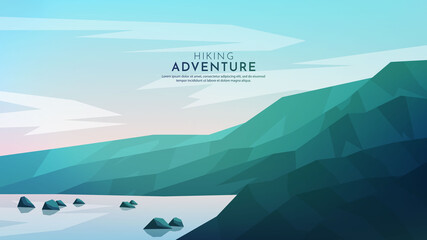 Vector illustration. Minimalist polygonal design. Nature landscape background. Panoramic view. Design element for web banner, website template. Cartoon flat style. Hills by lake with stones