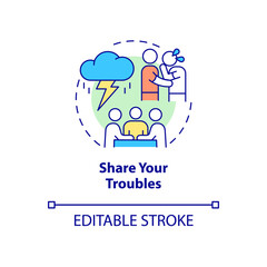 Share your troubles concept icon. Support group activity abstract idea thin line illustration. Talk about problems. Isolated outline drawing. Editable stroke. Roboto-Medium, Myriad Pro-Bold fonts used