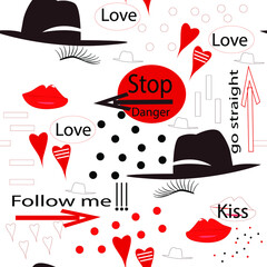 Red full lips, eyelashes, black hat, hearts, black and red circles and inscriptions on a white background, vector pattern