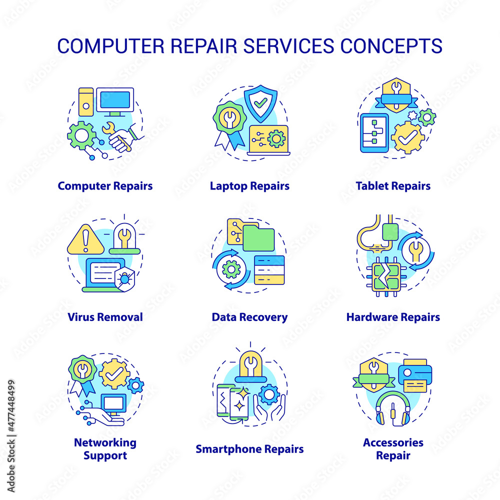 Poster computer repair service concept icons set. problem resolve idea thin line color illustrations. isola