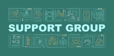 Support community word concepts green banner. Self-care group. Infographics with linear icons on background. Isolated typography. Vector color illustration with text. Arial-Black font used