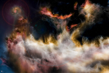 Abstract picture of massive nebula with bright stars and different colors of nebula edges