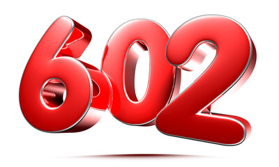 Rounded red numbers 602 on white background 3D illustration with clipping path