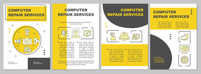 Computer repair services yellow brochure template. Booklet print design with linear icons. Vector layouts for presentation, annual reports, ads. Arial-Black, Myriad Pro-Regular fonts used