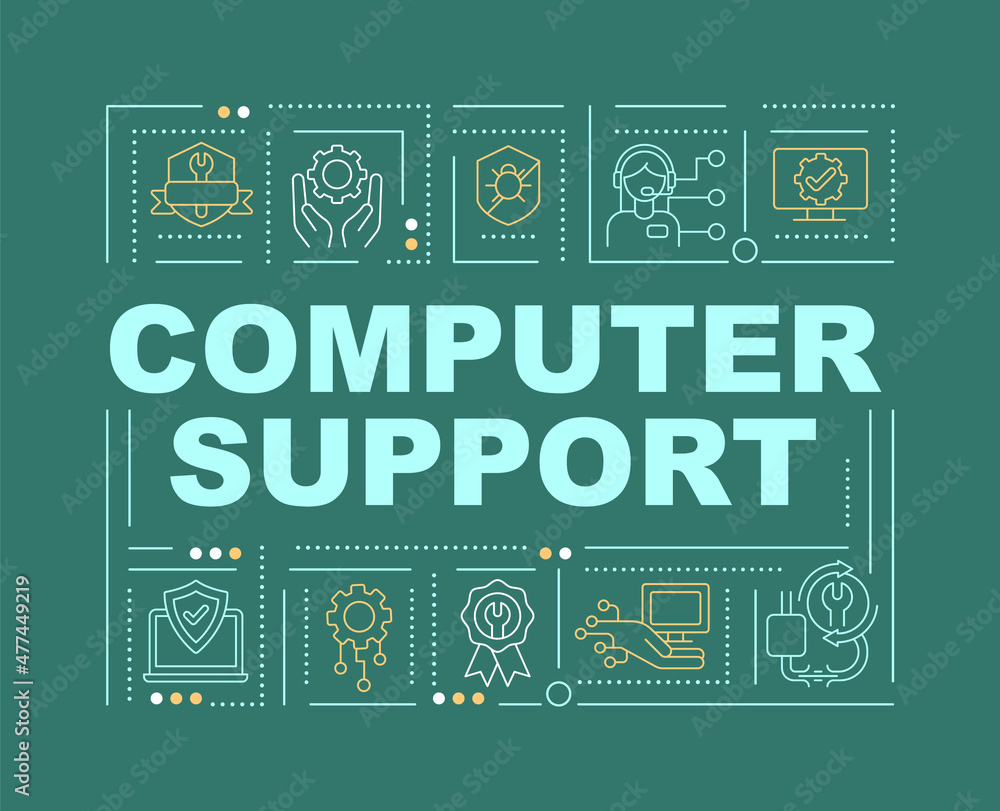 Poster computer support and help word concepts green banner. pc maintenance. infographics with linear icons