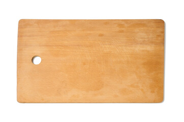 empty rectangular wooden kitchen cutting board. White background, top view