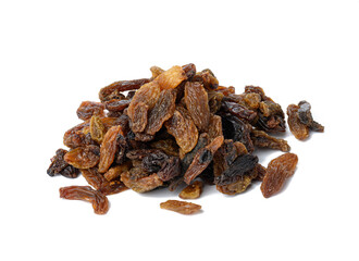 bunch of dried brown raisins isolated on white background