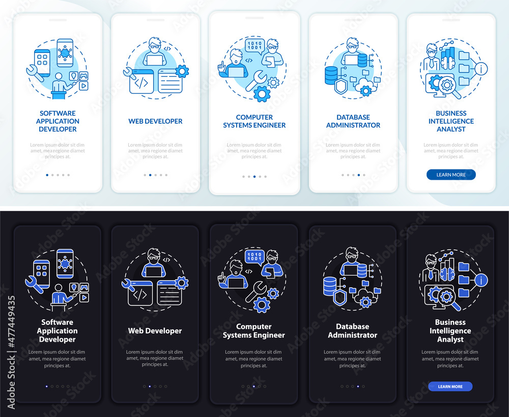 Poster jobs coders can get night and day mode onboarding mobile app screen. engineer walkthrough 5 steps gr