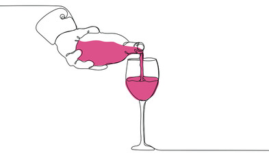 Wine pouring from bottle into glass. Bottle of alcohol in the hands of a bartender. One continuous line drawing. Vector illustration