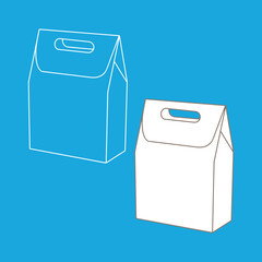 Paper package for takeaway isolated on background. Packaging template mock up. Delivery service concept. Copy space. Linear, vector, realistic, outline illustration.