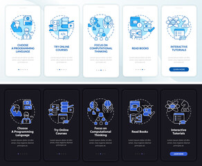 How to learn to code night and day mode onboarding mobile app screen. Job walkthrough 5 steps graphic instructions pages with linear concepts. UI, UX, GUI template. Myriad Pro-Bold, Regular fonts used