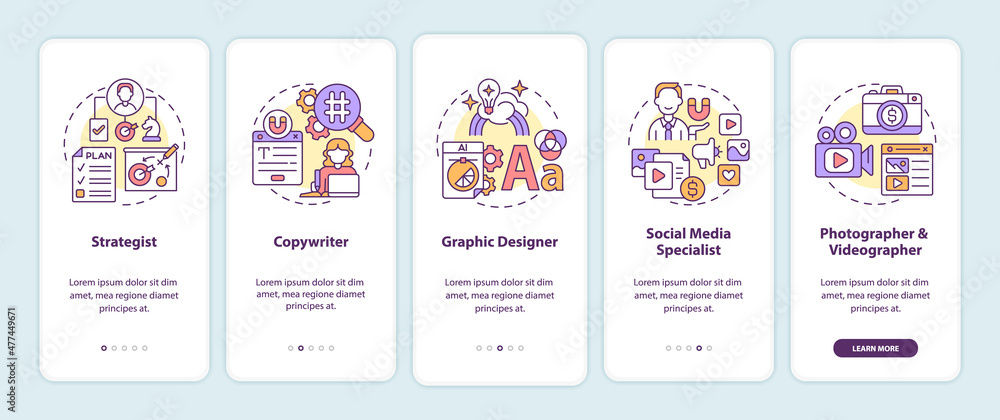 Poster digital marketing professions onboarding mobile app screen. specialists walkthrough 5 steps graphic 