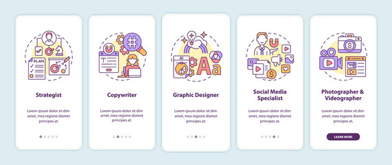 Digital marketing professions onboarding mobile app screen. Specialists walkthrough 5 steps graphic instructions pages with linear concepts. UI, UX, GUI template. Myriad Pro-Bold, Regular fonts used
