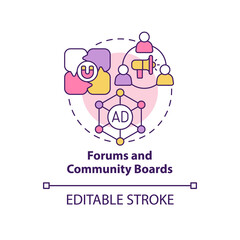 Forums and community boards concept icon. Digital marketing channels abstract idea thin line illustration. Isolated outline drawing. Editable stroke. Roboto-Medium, Myriad Pro-Bold fonts used