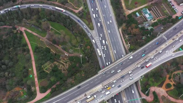 Aerial of highway road crossing in Istanbul, Turkey