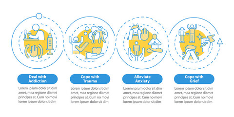 Seeking emotional support blue circle infographic template. Anxiety. Data visualization with 4 steps. Process timeline info chart. Workflow layout with line icons. Myriad Pro-Bold, Regular fonts used