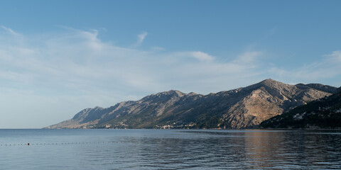 Landscape of mountain Biokovo and Adriatic sea in Croatia seashore during summer morning