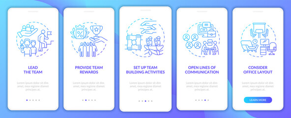 Promoting teamwork blue gradient onboarding mobile app screen. Activity walkthrough 5 steps graphic instructions pages with linear concepts. UI, UX, GUI template. Myriad Pro-Bold, Regular fonts used
