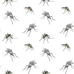 Watercolor seamless pattern with mosquito, pastel color sketch isolated on a white background. Elegant insects drawn by hand with ink.