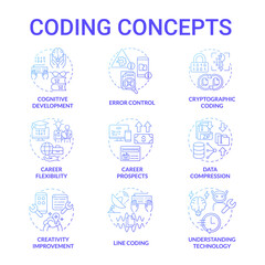 Fototapeta premium Coding blue gradient concept icons set. Software developer career. Programming idea thin line color illustrations. Isolated outline drawings. Editable stroke. Roboto-Medium, Myriad Pro-Bold fonts used
